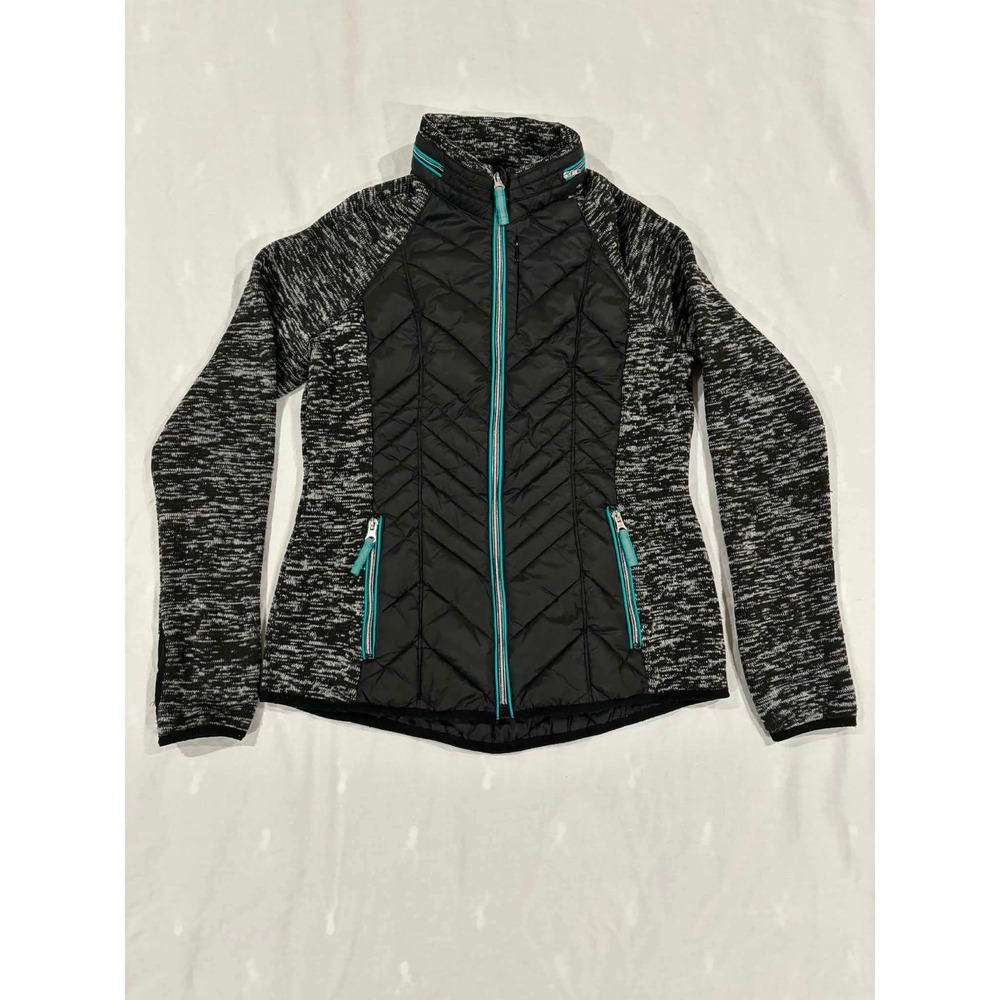 Xersion Quilted Puffer Jacket Full Zip Black Grey Marled Knit Size M